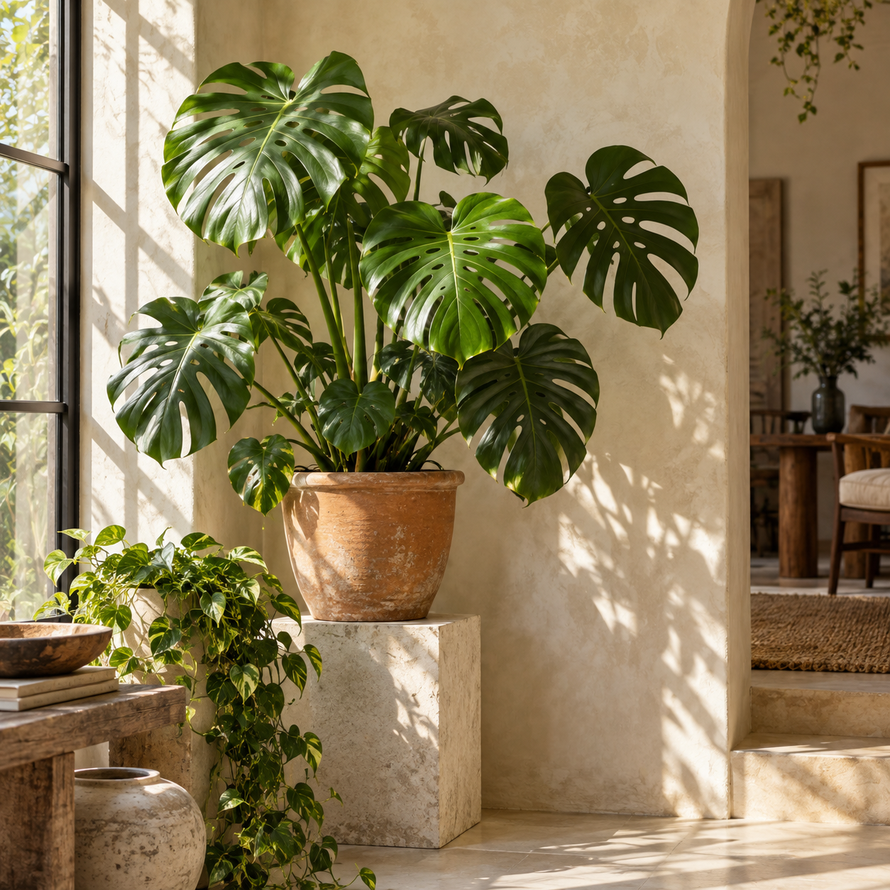 Un rincón luminoso con plantas y macetas de terracota