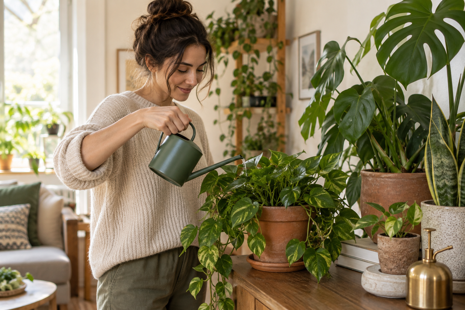 Riego de plantas de interior durante su cuidado habitual
