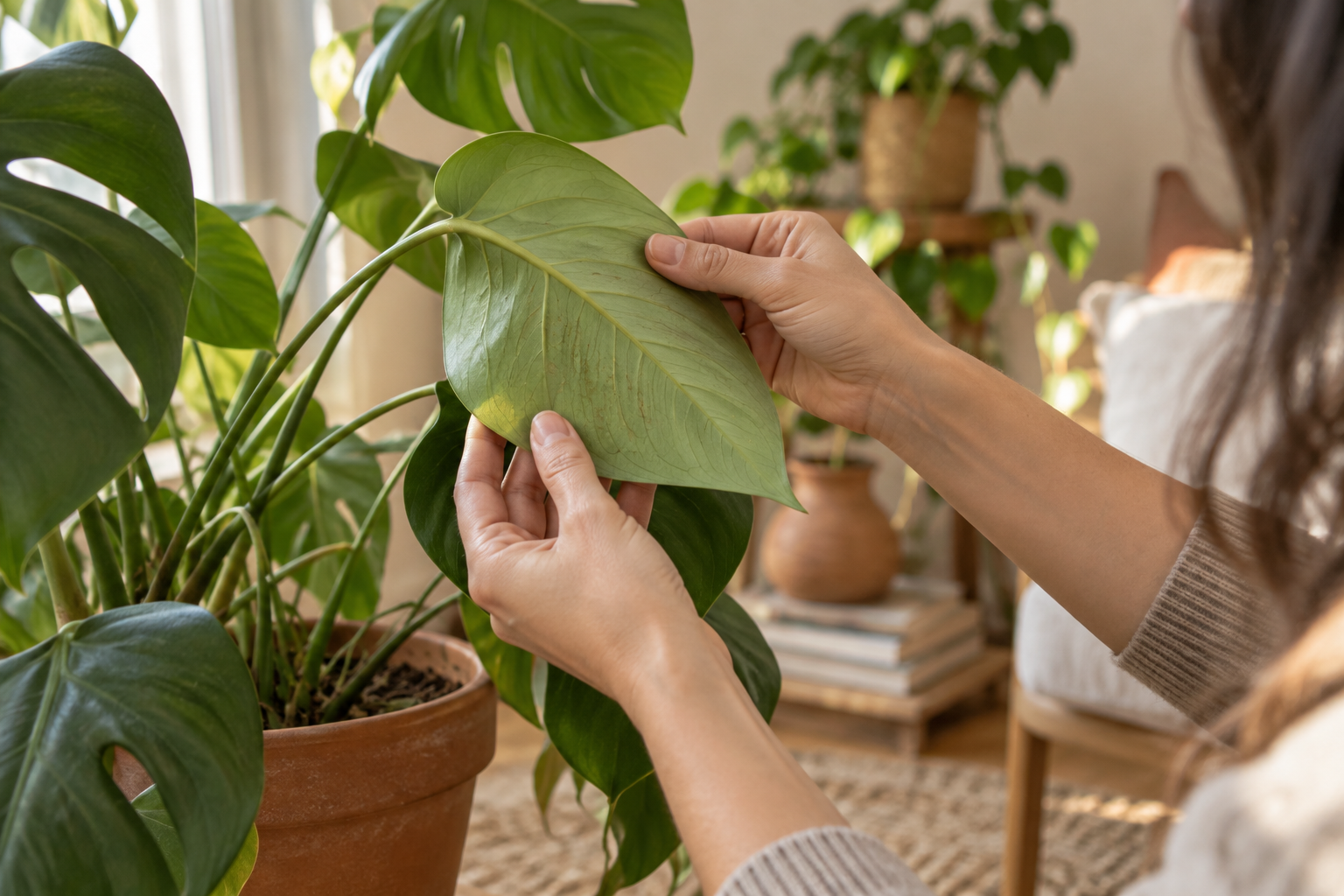 Manos revisando las hojas de una planta de interior